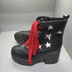 Koi Footwear Platform Combat Boots Black Star Ankle Boots Red Laces EU 40 US 9